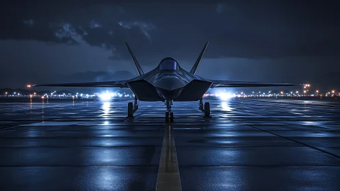 Sleek stealth jet waits on a rainy runway under calm night skies