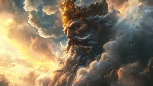 Storm god with golden crown emerging from glowing clouds.