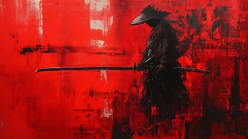 Samurai silhouette with katana on gestural red ground.