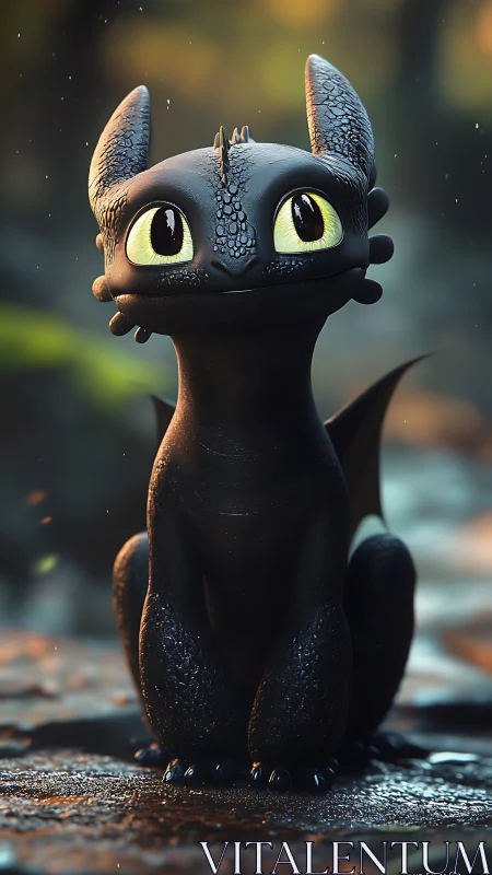Cute black dragon character with glowing green eyes.