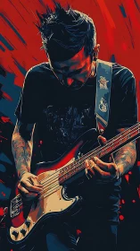 Rock bassist plays electric guitar with intense stage focus