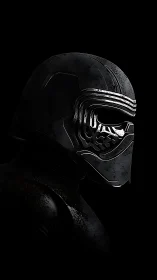 Dark armored figure in stark side profile against black void.