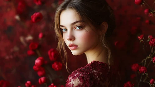 Velvet blossoms lean in as the porcelain muse turns slowly