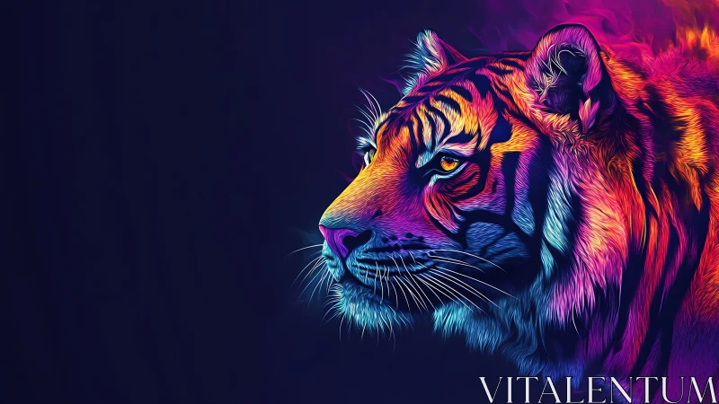 Radiant neon tiger gazes into the dark with fierce calm