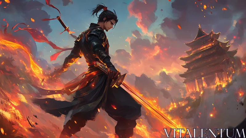 Warrior holding fiery sword before burning pagoda at dusk