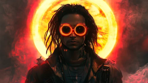 Radiant wanderer stands boldly framed by a blazing neon sun