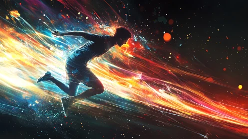 Silhouetted runner explodes through neon energy trails in motion