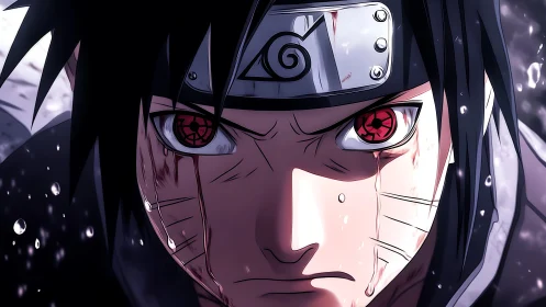 Intense anime warrior closeup with glowing red eyes.