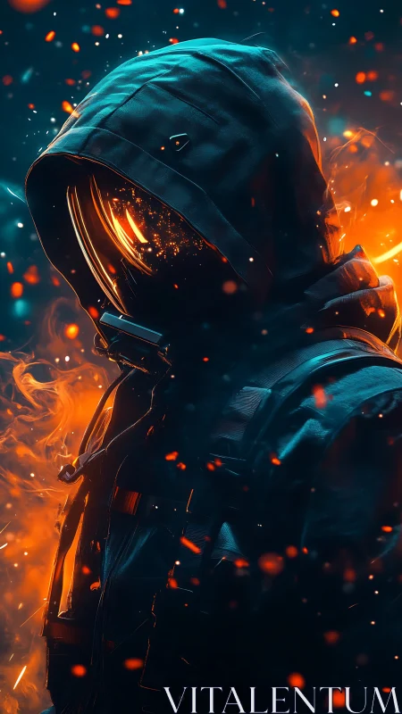 Hooded figure in reflective helmet amid orange sparks.