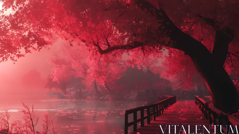 Red forest lakeside with wooden pier in soft misty light.