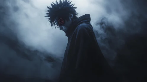 Dark cloaked figure with glowing spiral eye in mist.