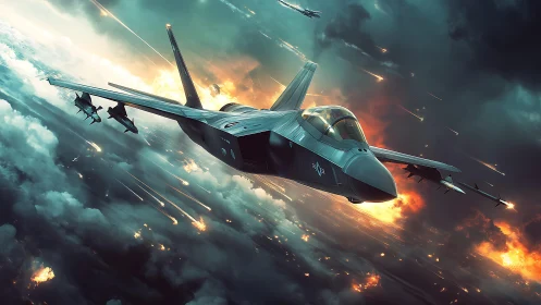 Futuristic fighter jet leads airstrike through burning sky.
