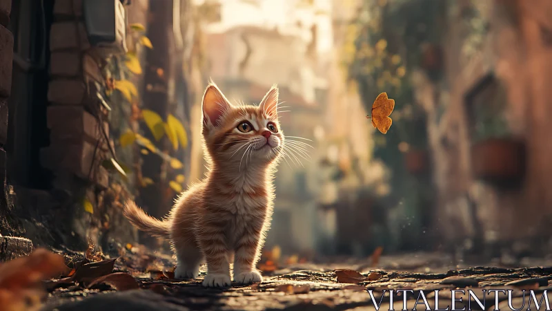 Kitten Observes Butterfly in Autumn Alleyway with Backlighting