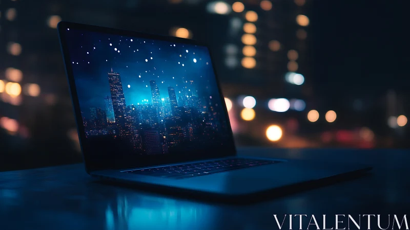 Cyberpunk laptop cityscape with bokeh night skyline composition.