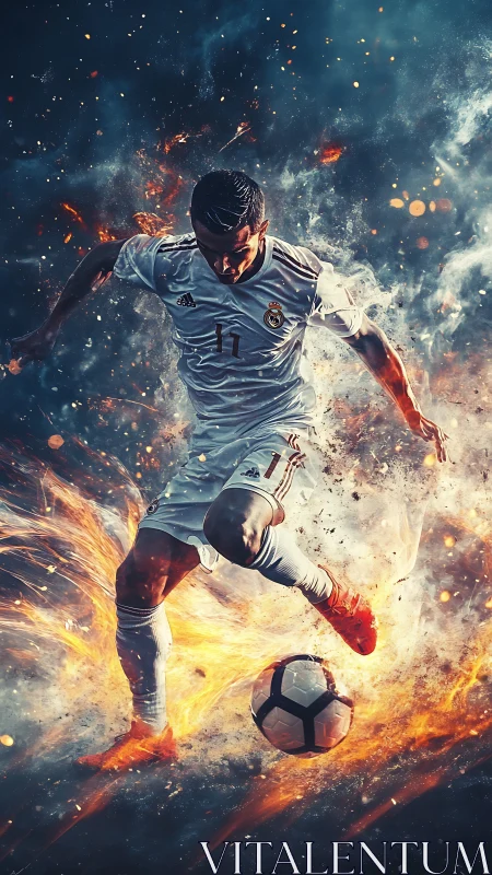 Fiery footballer racing through sparks and swirling smoke.