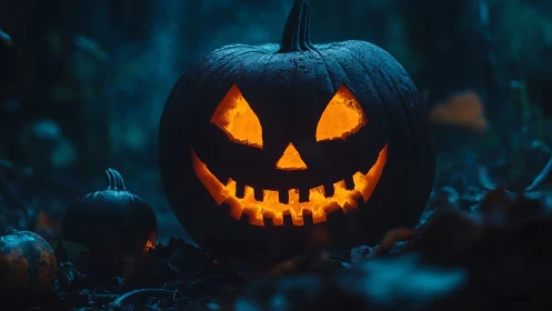 Carved jack o lantern in dark outdoor setting at night.