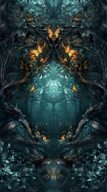 Symmetrical glowing butterflies in dark fantasy forest scene