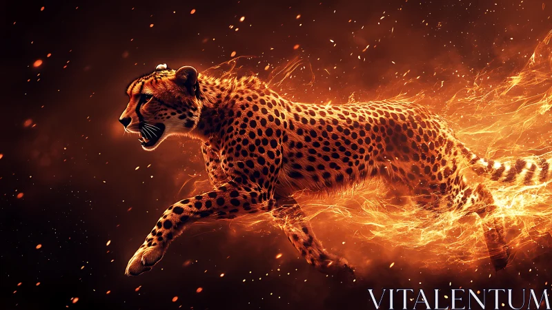 Flaming sprint of a digital cheetah in ember-scorched night.