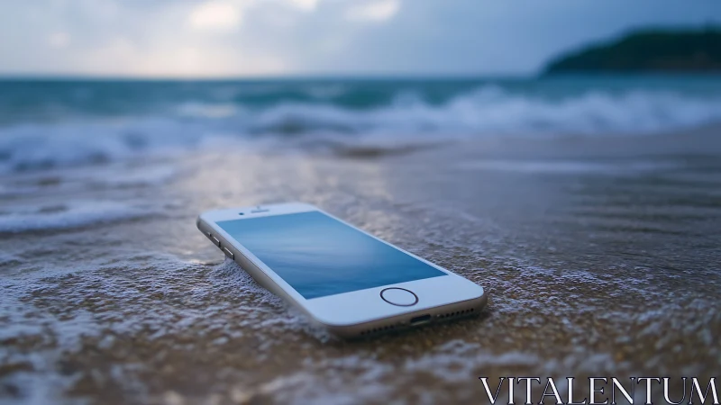 Smartphone lies in wet shoreline zone under shallow depth of field