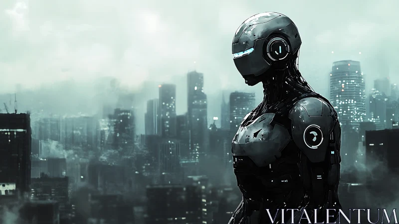 Humanoid combat robot stands before dense, foggy highrise skyline
