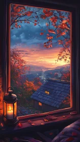 Cozy cabin window view over autumn valley at sunset.