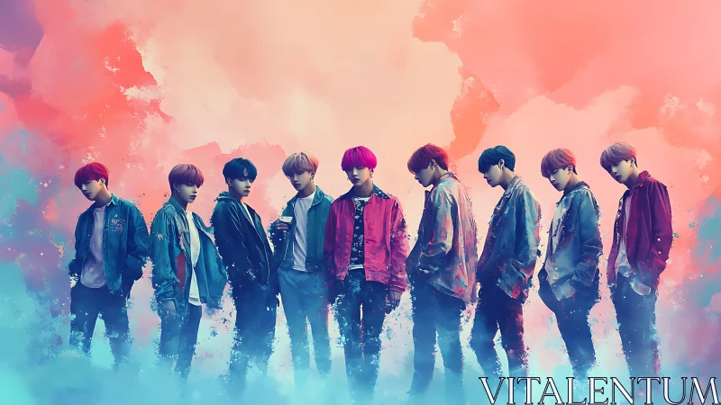 Vibrant group stands united in dreamy pastel clouds of color