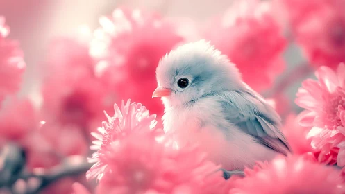 White Songbird Among Pink Blossoms in Soft-Focus Garden.