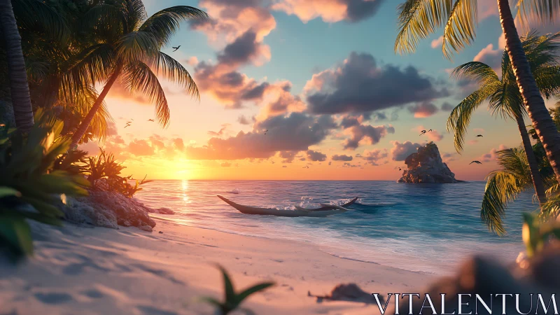 Tropical Paradise Sunset Over Pristine Beach Waters