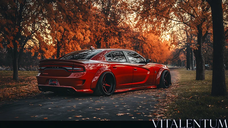 Widebody red Dodge Charger in saturated autumn tree tunnel.