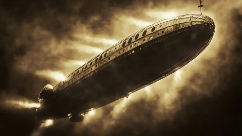 Sepia skies cradle a retrofuturist zeppelin in smoky light