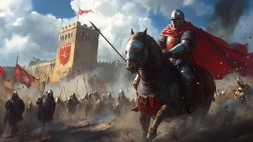 Crimson-caped knight leading a storming charge on fortress walls.