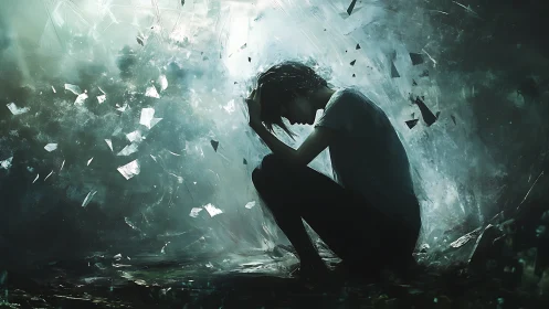 Silhouetted figure crouching amid shattering glass chaos.