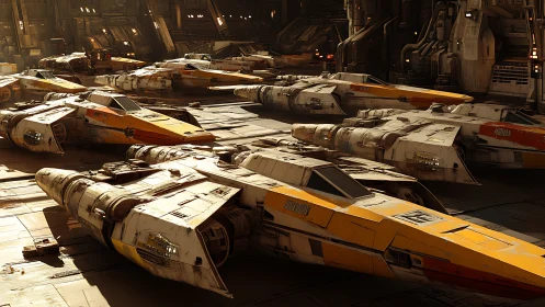 Starfighter squadron slumbers in burnished hangar dusk.