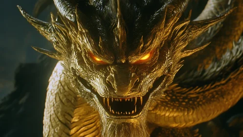 Golden dragon roars in blazing, molten-lit darkness