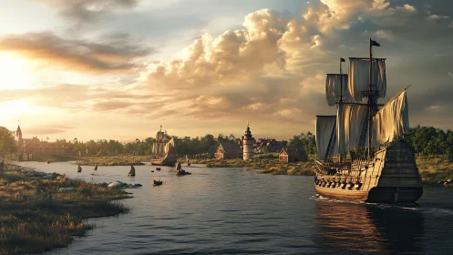 Rendered seventeenth‑century harbor with multi‑masted ships