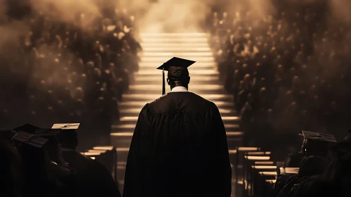Lone graduate walks toward glowing commencement stage steps.