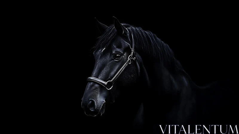 Midnight black horse stands quietly in gentle studio light