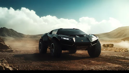 Desert warship on wheels prowls under sky of powdered fire.