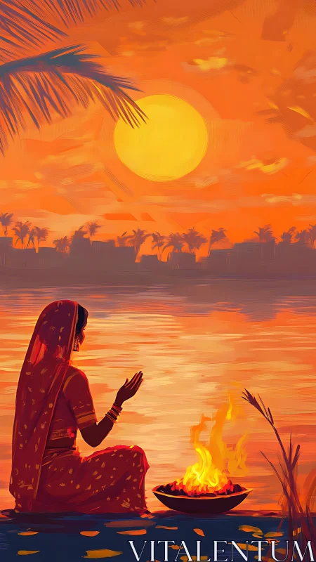 Woman in traditional dress praying by riverside fire at sunset.