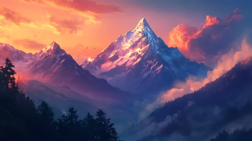 Sunlit alpine peak glows above misty twilight valleys.