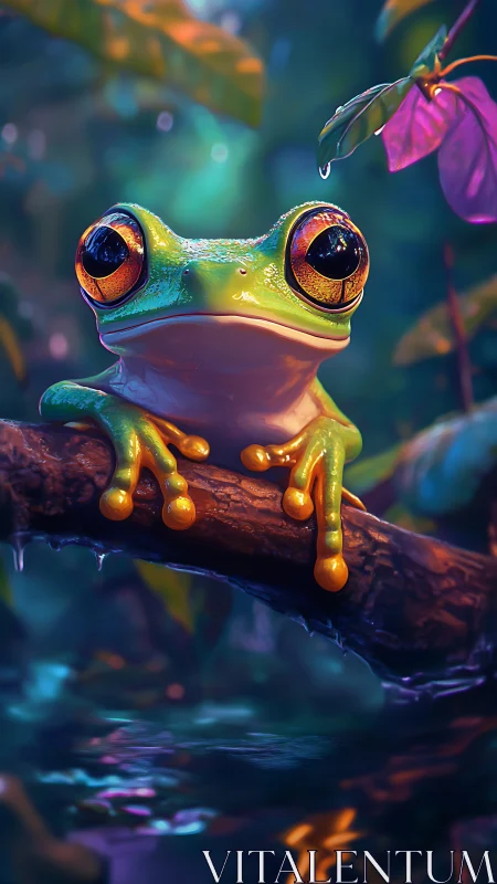 Wide-eyed jungle frog quietly reigns over neon twilight pond