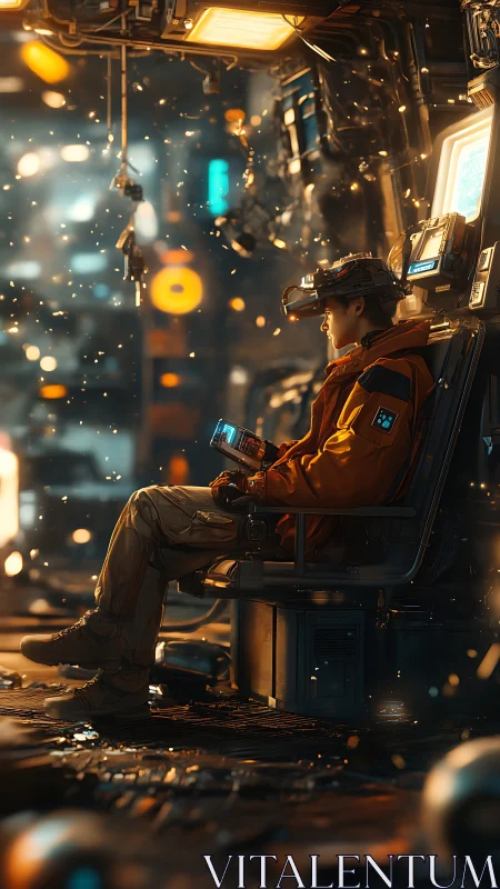 Solitary cybernetic operator seated in illuminated control bay