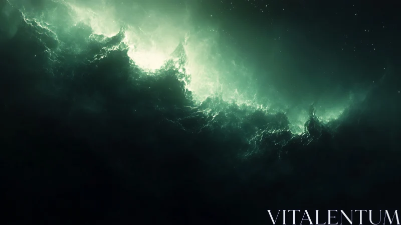 Emerald cosmic stormscape merges nebular light with abyssal void