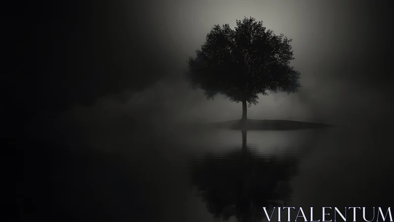 Solitary silhouetted tree on misty reflective lakeshore.