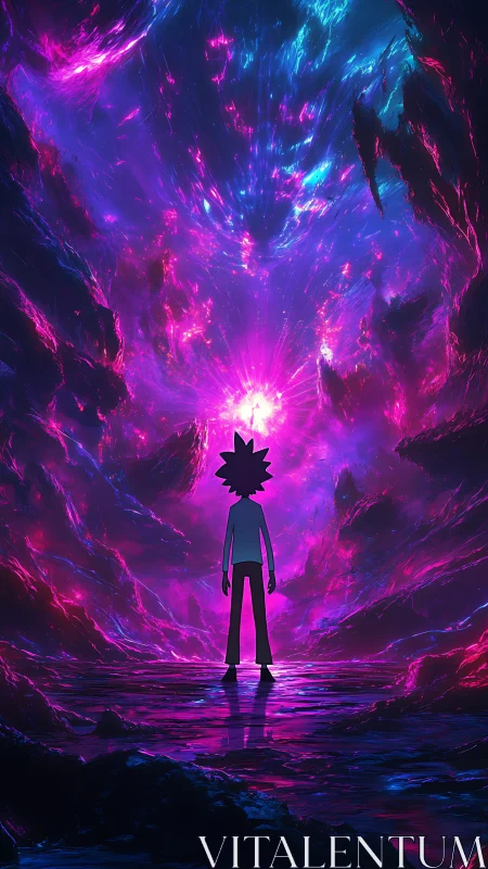 Silhouetted explorer drinks in a neon-swirled cosmic rift