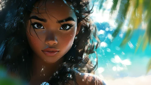 Sunlit island gaze with waves of windswept curls.