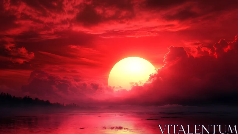 Crimson thunderclouds cradle a colossal molten sunset sphere