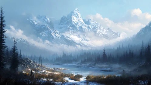 Snowlit mountain valley with misty pines and wanderer.