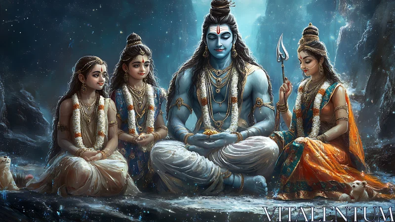 Mythic Himalayan family tableau rendered in luminous digital painting