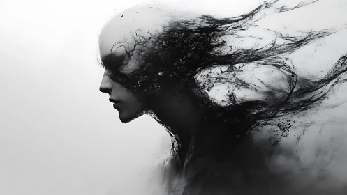 Abstract monochrome portrait dissolves into fluid ink streams